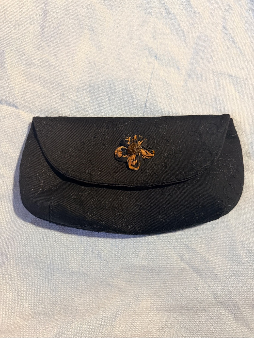 Black Floral Jacquard Clutch with Gold Flower Accent